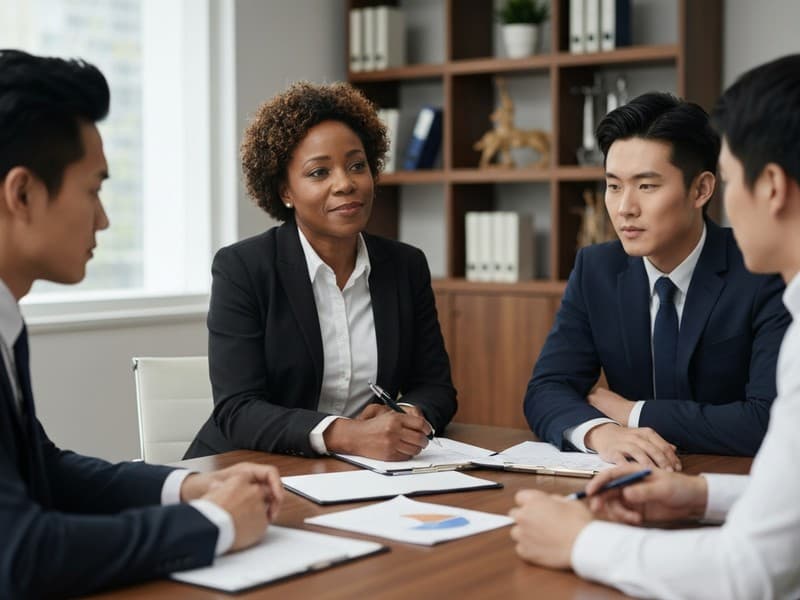 Professional insurance settlement negotiation meeting with claim documents