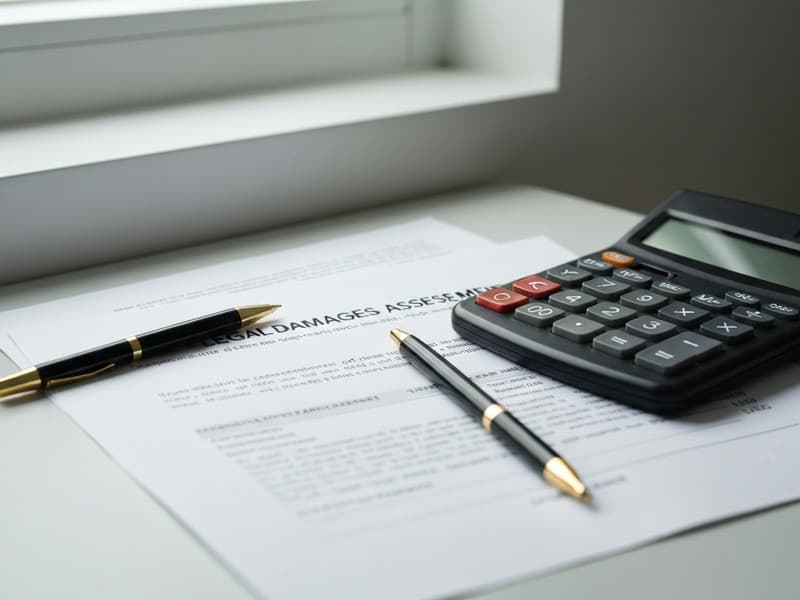 Legal damages assessment with calculator, claim paperwork, and settlement value documents